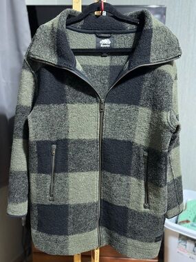 Roots Olive Green Black Buffalo Plaid Fleece Full Zip Jacket Coat Small
